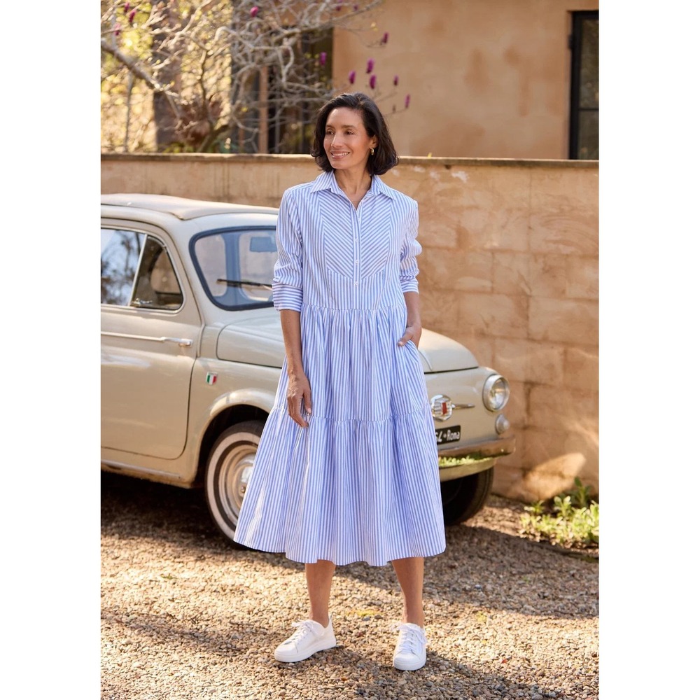 MAYE the label Jasmine Shirtdress Sky Blue White Striped Tiered Midi Dress XL